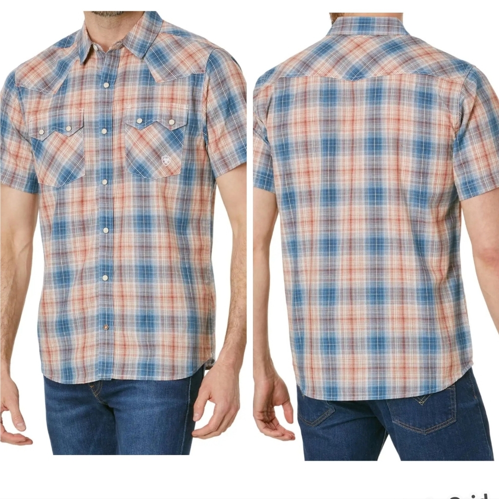 Ariat Hadrian Retro Fit Plaid Pearl Snap Western Short Sleeve Shirt, EUC!